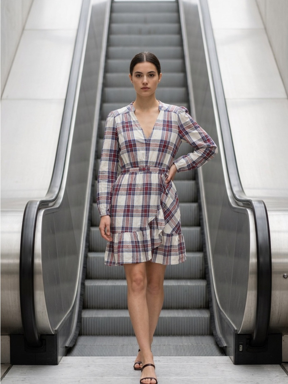 Free Assembly Plaid Ruffle Wrap-Style Mini Dress XS